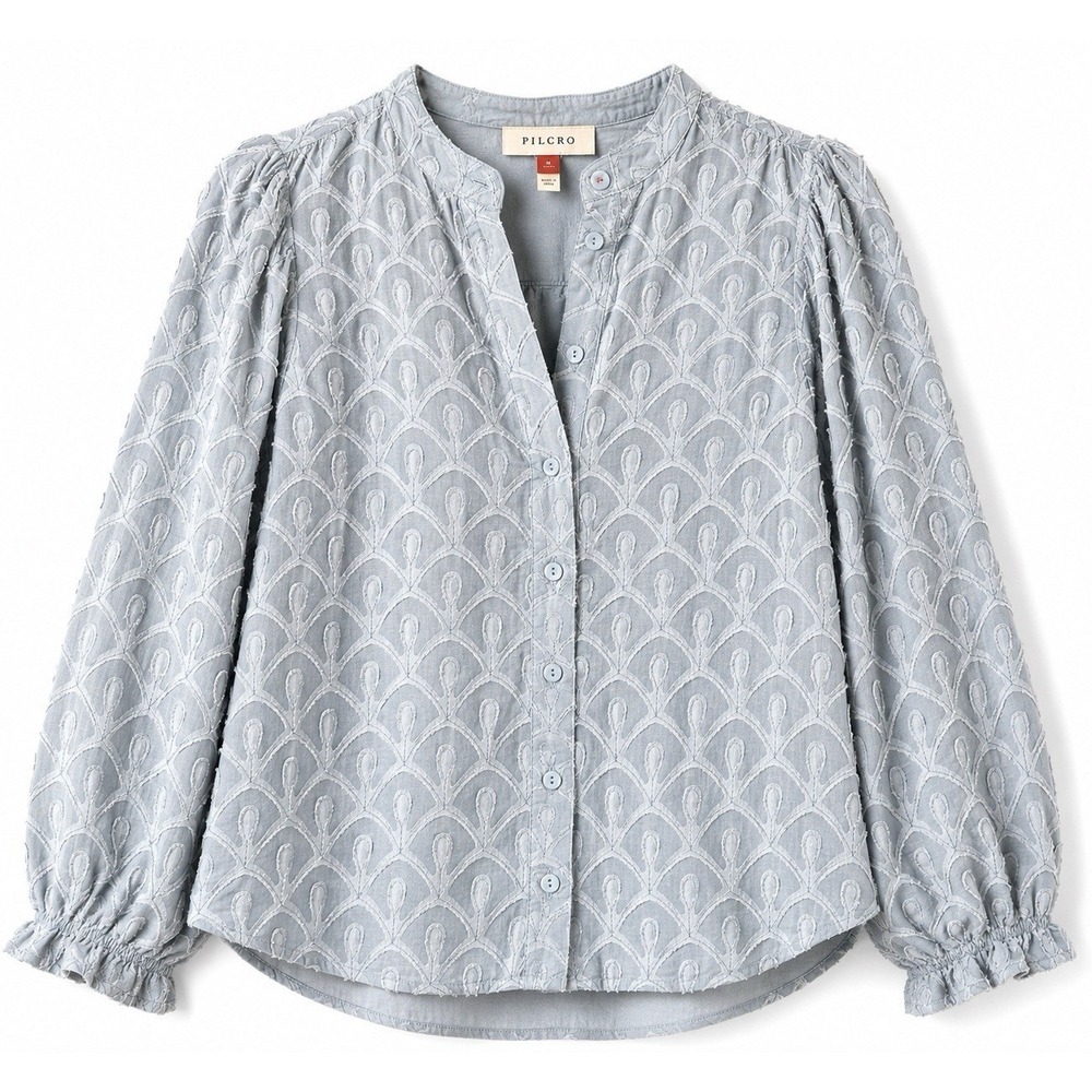 Anthropologie Pilcro Blouse M Gray Blue Textured Boho Coastal Balloon Sleeve‎